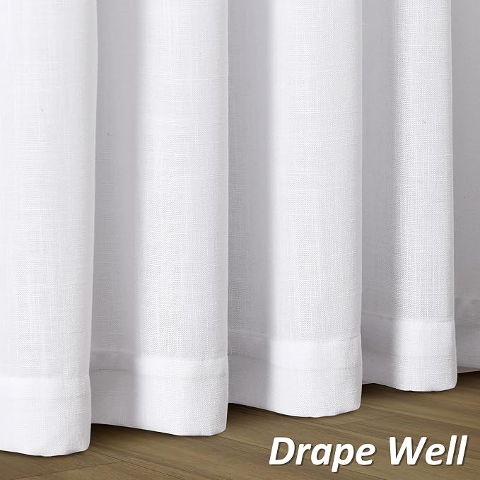 White Linen Curtains 108 Inch Length for Living Room Bedroom 2 Panels Set Rod Pocket Light Filtering Semi Sheer Window Curtains 52 Inch Width Boho Farmhouse Linen Drapes, W52xL108