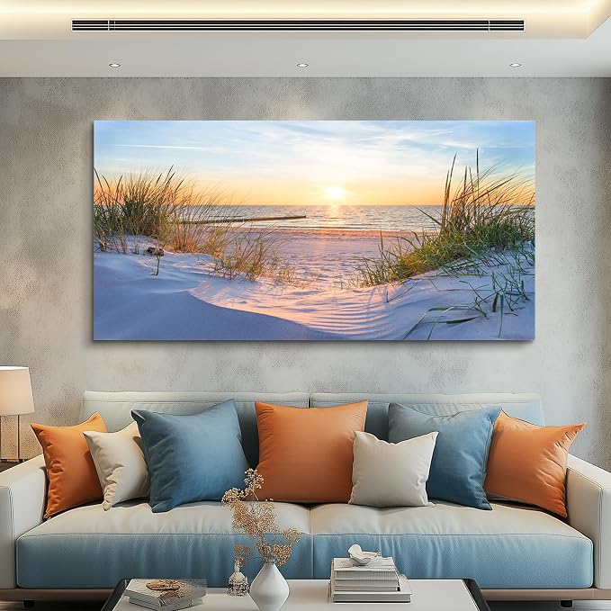 Wall Art For Living Room Large Size Wall Decorations Pictures Blue Sun Beach Grass Ocean Landscape Painting Office Wall Decor Canvas Prints Ready To Hang For Home Decoration Works Of Art 24" X 48"