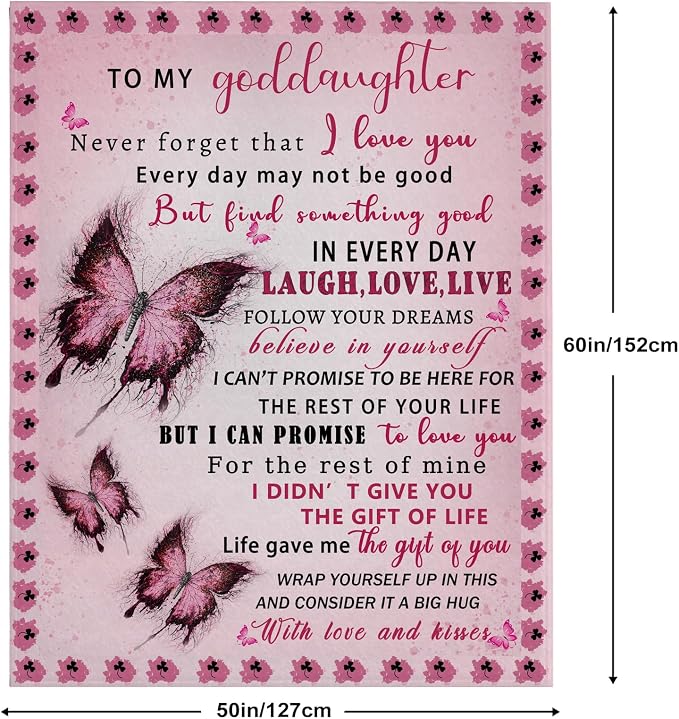 Goddaughter Blanket from Godmother, Goddaughter Gifts from Godmother, God Daughter Gift for Birthday, Graduation, Christmas, Soft Flannel Throw Blanket, Pink Butterfly, 60"x50"
