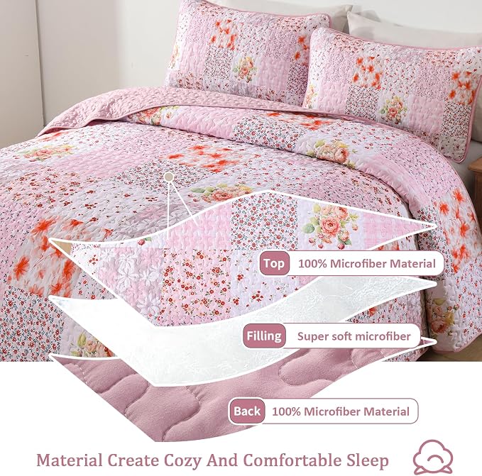 Mybedsoul Boho Quilt King Size, Patchwork Bedding Set, Pink White | Soft Lightweight Microfiber Floral Coverlet Set, 3 Pieces Plaid Bedspread, Bed Sets for All Seasons 90"x110"