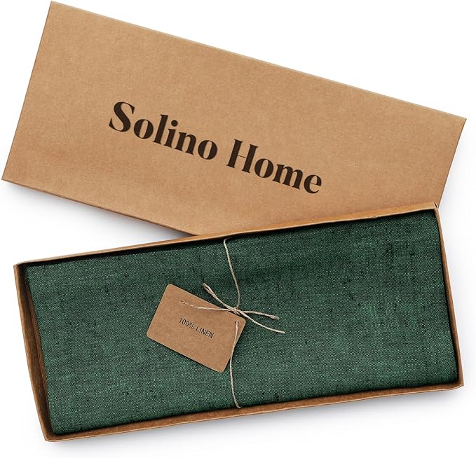 Solino Home 100% Pure Linen Table Runner Forest Green, Athena 14 x 36 in | brings a tailored look to family meals and hosting, European flax fibres, low iron finish, Forest Green, OEKO-TEX Certified