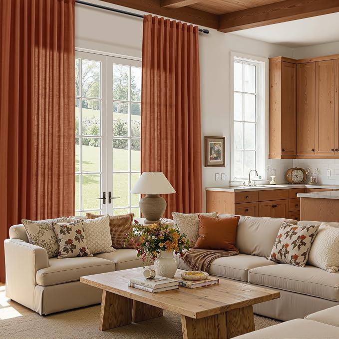 Extra Long Linen Curtains 102 Inches for Living Room Back Tab Semi Sheer Floor to Ceiling Light Filtering Curtain Boho Farmhouse Decor Window Drapes for Bedroom 2 Panels Terracotta