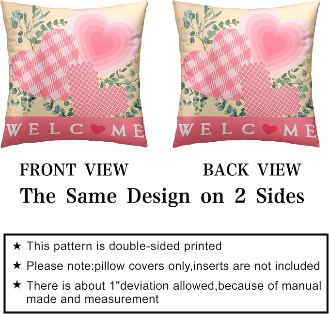 Valentine Day Pillow Covers 22x22 Set of 2 Valentines Day Pink Heart Throw Pillow Covers Pink Hearts with Eucalyptus Decoarative Pillow Case Cushion Case for Couch Sofa