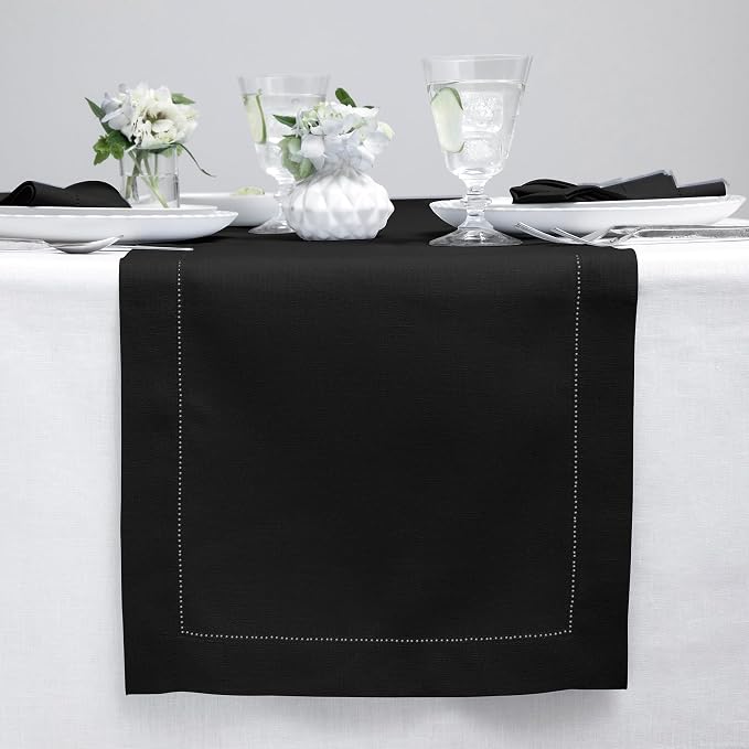 Solino Home 100% Linen Table Runner Black, Classic Hemstitch 14 x 132 in | Table Runners for extended rectangular dining tables, full-length finish | soft plain weave | Pure Linen | OEKO-TEX Certified