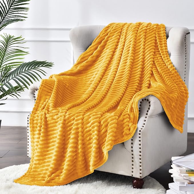 BEDELITE Ribbed Mustard Yellow Fleece Throw Blanket for Couch, 50x70 Inch | Soft Warm Decorative Fluffy Blanket, Cozy Plush Lightweight Fuzzy Throw Blanket for Bed Sofa Home Room Decor, Gift for Women