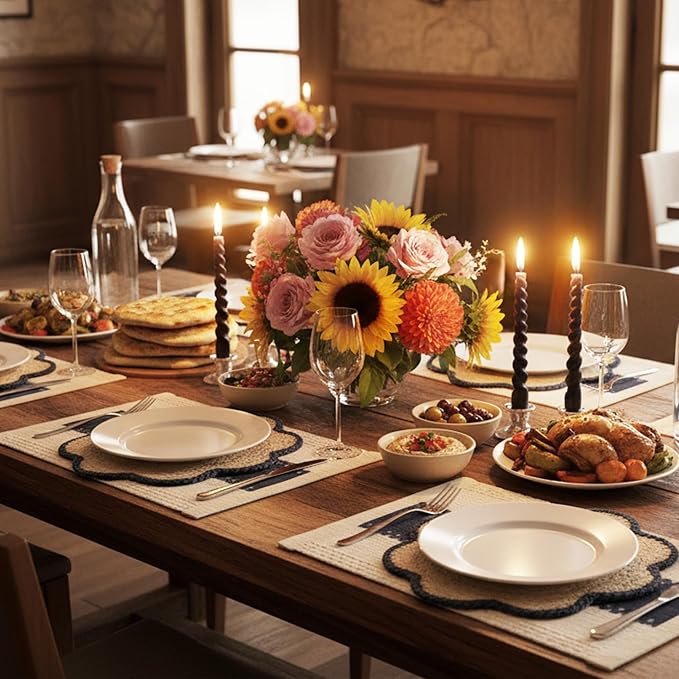4pc Sunflower Rattan Placemat Set, Woven Boho Table Mats, Blue | 4 cotton runners (24x11") & 4 woven mats. Heat-resistant & eco-friendly. Perfect for boho, farmhouse decor & parties.