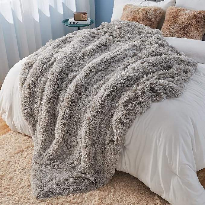 GONAAP Fuzzy Faux Fur Twin Blanket for Couch, Frosty Grey, 60"x80" | Warm Cozy Plush Shaggy Decorative Reversible Thick Non-Heated Fleece Blanket for Sofa Bed, Gift for Women Men, All Season Use
