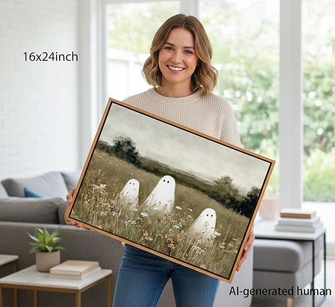 Framed-Halloween Ghost Canvas Wall Art-16x24in | Vintage Wildflowers Cute Ghost Picture Poster Print.Halloween Wall Decor for Bedroom Living Room Bathroom