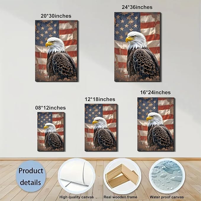 Framed Vintage Bald Eagle American Flag Wall Art, Patriotic Rustic Canvas Art Pictures, USA Eagle Wall Decor, Made in USA Ready to Hang for Office Man Cave