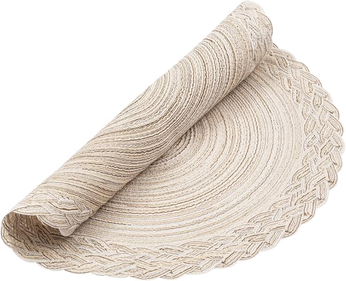 SHACOS Round Placemats Set of 4 Boho Braided Border 15 inch Circle Place Mats Washable Fabric Table Mats for Kitchen Dining Table, Ivory