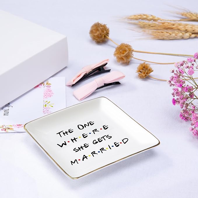 Topthink The One Where She Gets Married-Gift for Women-Engagement-Bride to Be-Newly Engaged-Bridal Shower Gift for Bride-Bachelorette Party Present-Ceramic Jewelry Holder Ring Dish Trinket Tray