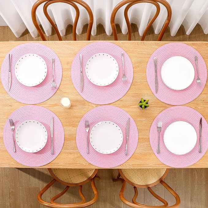 SHACOS Round Braided Placemats Set of 6 Round Table Mats for Dining Tables 15 inch Washable Non Slip Placemats (Pink, 6)