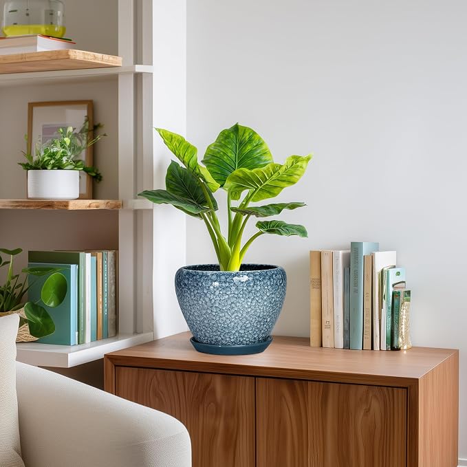 Ceramic Planter Pots - 8 Inch Planters for Indoor Outdoor Plants, Modern Flower Pot with Drainage Hole and Saucer, Round Ceramic Planter, Bookshelf Decor, Gifts for Gardeners, Stone Blue