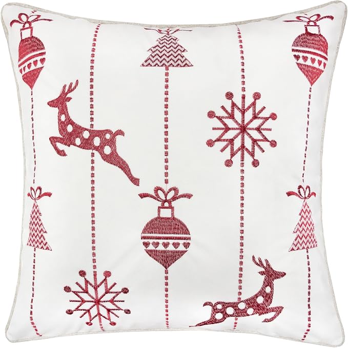 Embroidery White Velvet Throw Pillow Cover, Merry Christmas Series Snow Reindeer Luxury Soft Fuzzy Cozy Warm Slik Gift Square Couch Cushion Pillow Case 20 x 20 Inch, Cover Only