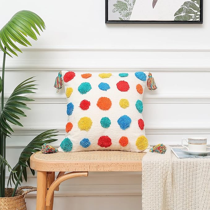 PLWORLD Boho Chenille Throw Pillow Cover 18x18, Tufted Tassel Cushion Case, 1PC Cover Only, No Insert
