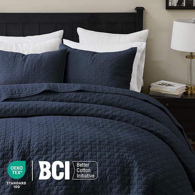 palassio Navy Blue 100% Cotton Quilt Twin Size Bedding Sets with 1 Pillow Sham, Textured Lightweight Soft Bedspread Shabby Chic Coverlet, Quilted Comforter Bed Cover for All Season, 2 Pieces