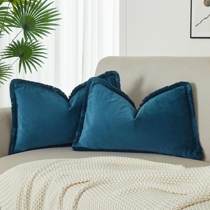 JUSPURBET Prussian Velvet Throw Pillow Covers 16x24 Inch Set of 2 with Soft Tassel Fringe Luxury Boho Pillowcase for Sofa Couch Bed Home Decor Machine Washable