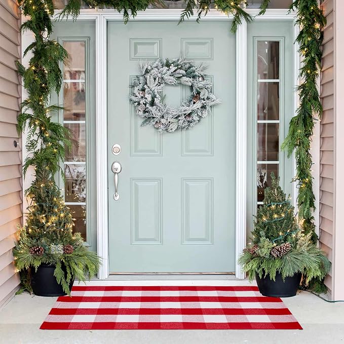 Christmas Buffalo Plaid Rug 27.5x43 in, Red White Indoor Outdoor Rug | Cotton Blend, Red and White Checkered, Machine Washable, Layering Rug, Porch Entryway Decor