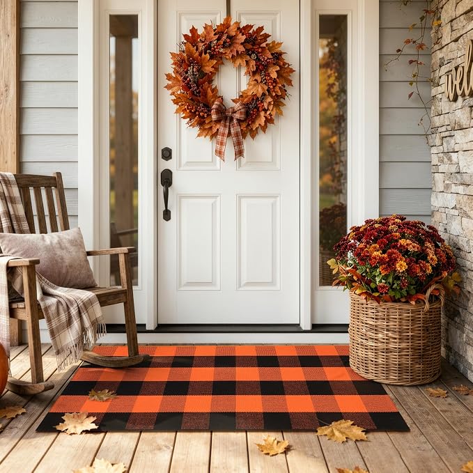 LEEVAN Halloween Layered Outdoor Front Door Mat, Fall Buffalo Plaid Rug | Small 2x4.3 Washable Black and Orange Checkered Entryway Rugs, Woven Cotton Fall Welcome Mat for Spooky Front Porch Kitchen