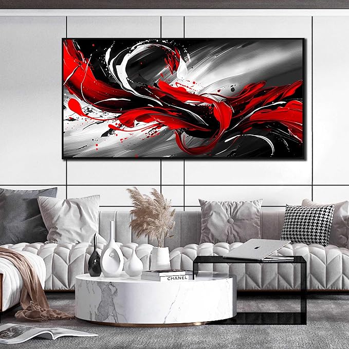 Black White and Red Abstract Print Picture Painting Large Canvas Wall Art for Living Room Bedroom With Black Wood Framed Canvas Wall Decor Modern Room Abstract Wall Decorations Artwork Size 30x60 Ready to Hang