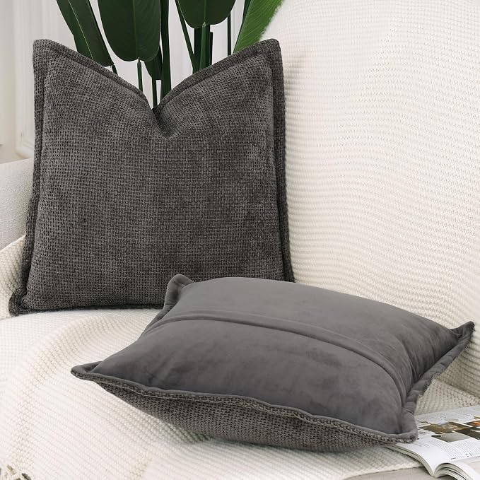 MADIZZ Decorative Chenille Velvet Throw Pillow Covers Set of 2 Soft Boho Textured Neutral Couch Throw Pillow for Bed Modern Farmhouse Home Decor for Sofa Livingroom Dark Taupe 18x18 Inch
