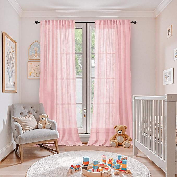 YoungsTex Light Pink Linen Semi Sheer Curtains 84 Inch Length for Living Room, Light Filtering Window Treatments Textured with Rod Pocket Back Tab for Girl Kids Bedroom, 2 Panels, 52 X 84 Inch