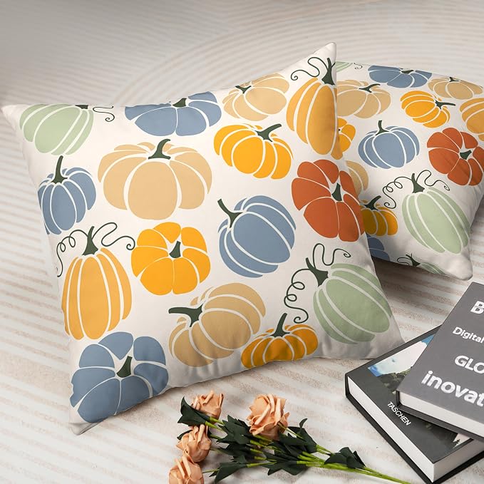 Set of 2 Orange Yellow Blue Pumpkins Pillow Covers Fall Throw Pillow Covers 22x22 Colorful Autumn Outdoor Pillow Case Cotton Blend Cushion Case for Couch Patio Bed Car