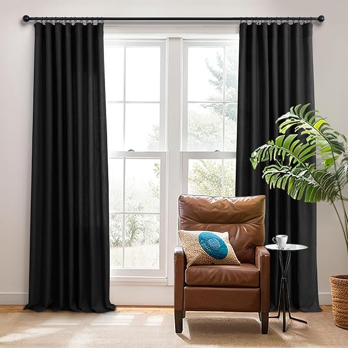 Black Linen Curtains 84 Inch Length for Living Room 2 Panel Back Tab Pocket Muslin Light Filtering Semi Privacy Thick Sheer Floor Length Curtain for Mens Bedroom Man Cave Modern Farmhouse Gothic Decor