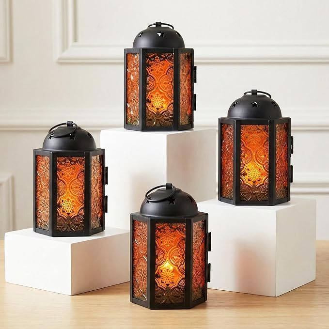 Mini Halloween Tea Light Candle Holder Centerpieces – 4.25" Small Decorative Moroccan Lantern for Table or Hanging, Metal with Glass Panels – Ramadan, Wedding, Home Decor, Amber Orange (Set of 4)