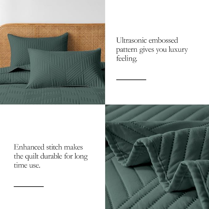 Davulos Twin Quilt Set,Forest Green Lightweight Reversible Bedspread for All Seasons,Soft Modern Microfiber Geometric Coverlet for Dorm Room or Guest Bedroom(1 Quilt,1 Pillow Sham)
