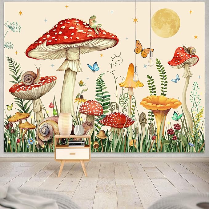 Zussun Red Mushroom Tapestry Moon Star Tapestries for Bedroom Aesthetic Beige Starry Night Green Plant Tapastrys Wall Hanging Butterfly Snail Frog Wall Tapestry for Living Room Dorm (Beige, 90" x 68")
