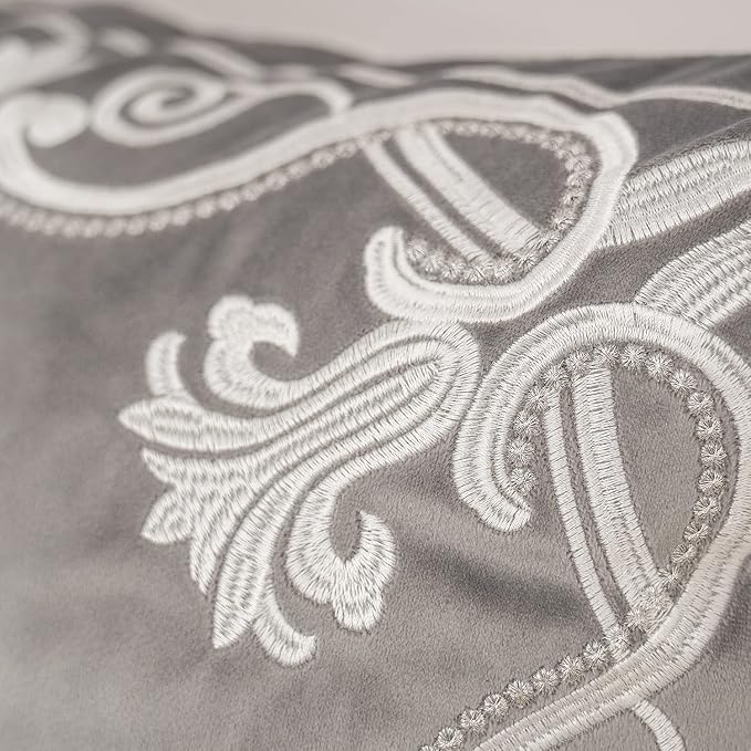 Aeckself European Floral Pillow Cover 20x20 Inch, Luxury Velvet Embroidered Decorative Throw Pillow Cover for Couch Bedroom Living Room, Grey and White