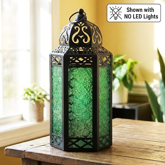 Vela Lanterns Decorative Indoor Fairy Light Candle Holder, Green, L | Fantasy Moroccan Lamp, Enchanted Forest Decor, Green Halloween & St Patricks Day, Metal Hanging Flameless LED, 12" Tall