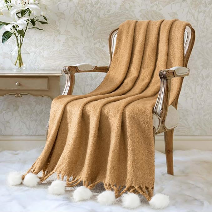 Camel Pom Pom Throw Blanket for Couch, 50"X60" Soft Lightweight Knitted Farmhouse Decorative Blankets for Bed and Sofa