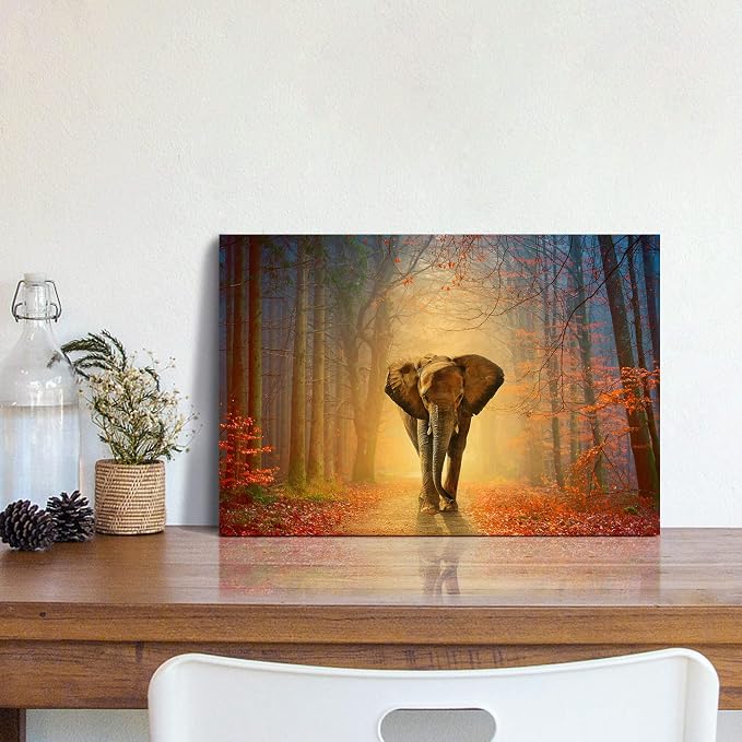 Elephant African Autumn Canvas Painting - Wildlife Animal Wall Art, Natural Artwork Perfect for Bedroom Decor Wall Picture - 16x12 Inches