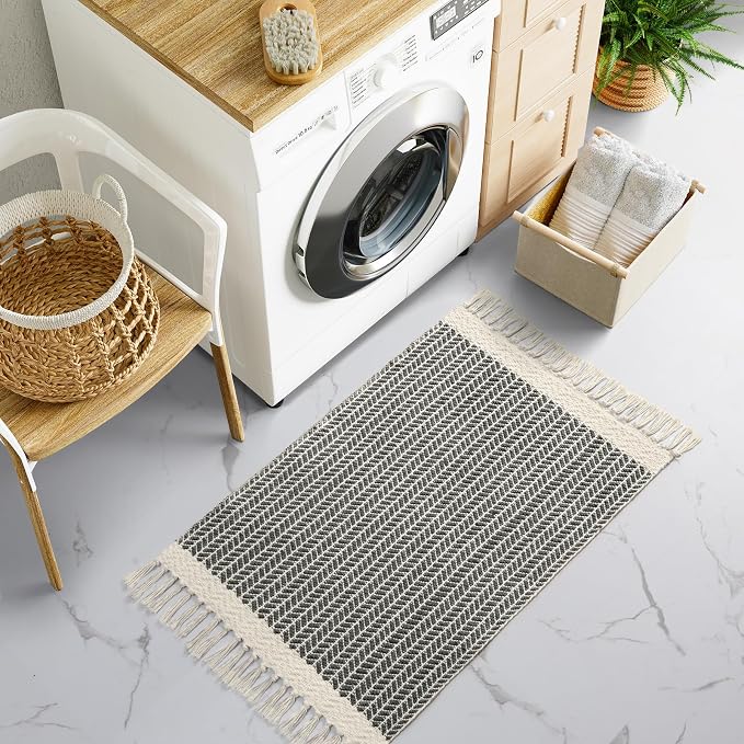 Lahome Boho Bathroom Rugs, Small 2x3 Front Door Mat for Kitchen, Washable | Indoor Entryway Area Rug Woven Cotton with Tassels, Farmhouse Non Shedding Grey Throw Low Pile Carpet for Bath Entry Laundry