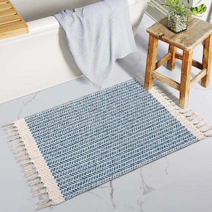 Lahome Boho Bathroom Rugs, Small 2x3 Front Door Mat for Kitchen, Washable | Indoor Entryway Area Rug Woven Cotton with Tassels, Farmhouse Non Shedding Blue Throw Low Pile Carpet for Bath Entry Laundry