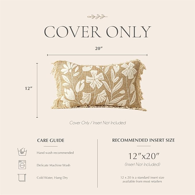 BlissBlush Lumbar Pillow Cover 12x20 Inch Indoor Outdoor, Jute Inspired Floral Tufted Decorative Accent Pillow Case for Patio Couch Sofa Living Room, Cover Only
