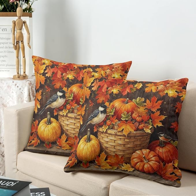 Orange Pumpkin Pillow Covers Autumn Outdoor Pillows Cases Fall Maple Leaf Throw Pillow Covers 18x18 Set of 2 Harvest Thanksgiving Cushion Cases for Home Farmhouse Couch Sofa