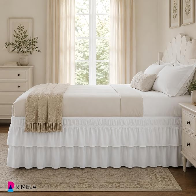 RIMELA Queen Size Ruffle Bed Skirt 14 Inch Drop - White Double Layered Wrap Around Dust Ruffle, Romantic Cute Design Bedskirt with High-Density Fabric, Soft Stretchy, Easy Install for Queen Bed