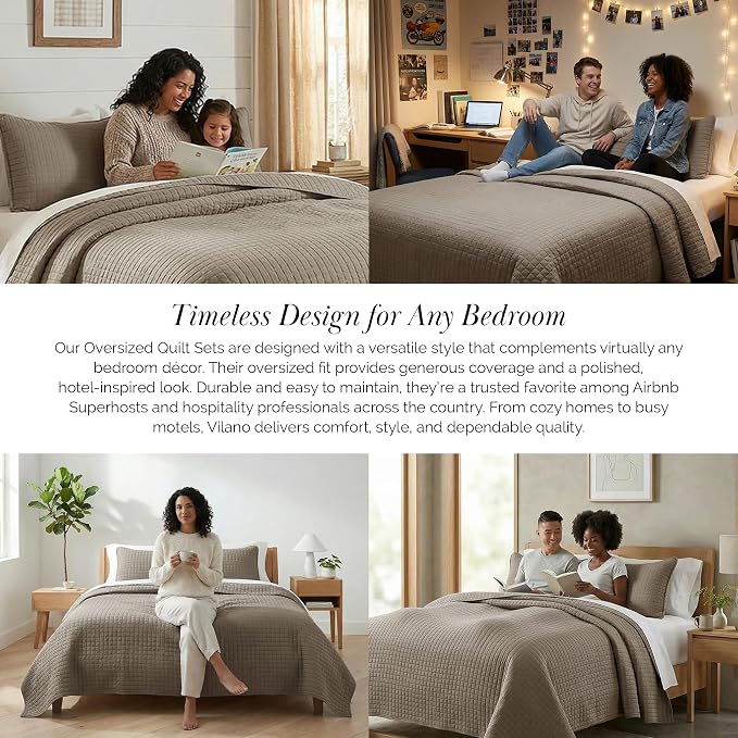 Southshore Fine Living, Inc. Oversized Quilt, King Size Bedding Set, Soft Microfiber, Easy Care Stain and Pet Hair Resistant Bedding, California/King Size Quilt Bedspread Set w/2 Shams, Dark Taupe