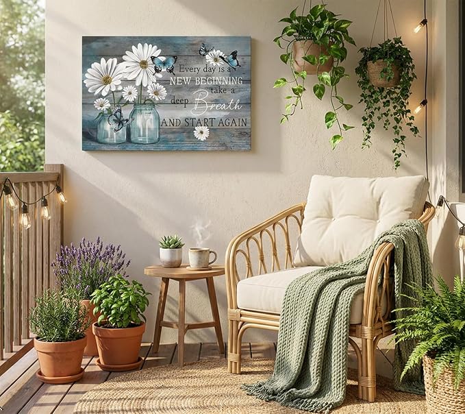 Daisy Canvas Wall Art Butterfly Wall Decor Inspirational Poster Print Flower Picture Painting Still Life Suitable for Country Farmhouse Bedroom Bathroom Rustic Wall Decoration (blue, 16x12in canvas)