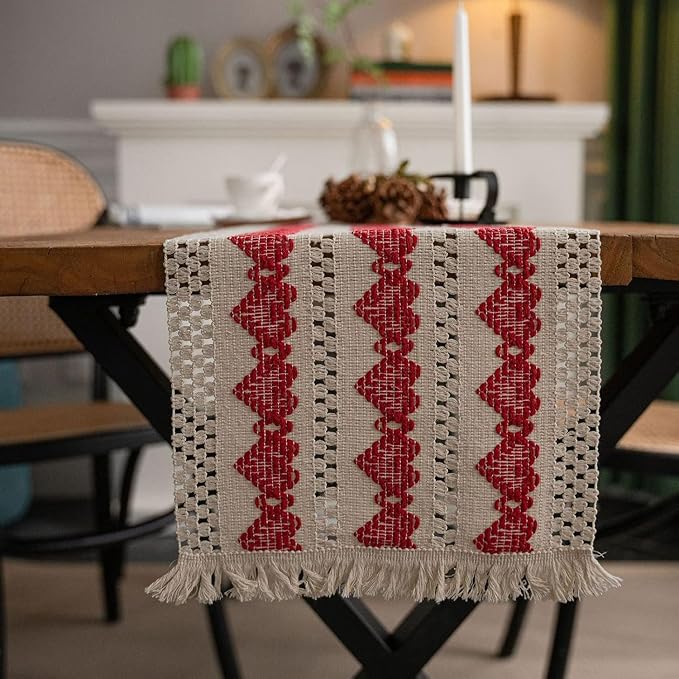 Macrame Table Runner Beige and Red Heart Boho Runners with Tassels 12x71in | Alynsehom Hand Woven Cotton Table Runner Rustic Farmhouse Table Runners for Valentine's Day Bohemian Kitchen Dining Table