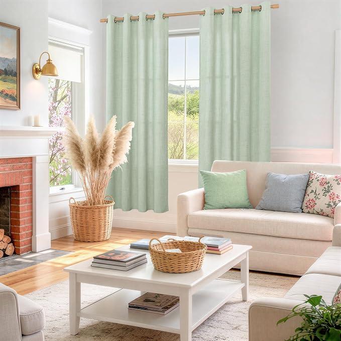YoungsTex Sage Green Linen Curtains for Living Room 72 Inches Length - Semi Sheer Drapes Light Filtering with Bronze Grommet Window Treatments for Bedroom Dining Rustic, 2 Panels, 52 X 72 Inch