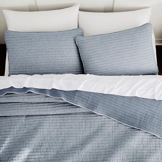 Chambray Pick Stitch Oversized King Size Quilt Set, California King Striped Lightweight Soft Summer Spring Bedspread, Bamboo Linen Like Textured Coverlet, Chambray Farmhouse Country Rustic Bedding
