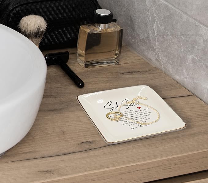 WODMIS Sister Gifts Ceramic Jewelry Tray Dish, sister gifts from sisters Soul Sister, Mother Day Wedding Gifts for Women Sister in Law Best Friends Friendship Gifts Jewelry Plate Ring Trinket Dish 313