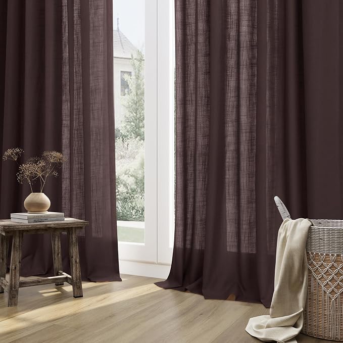 Coffee Brown Linen Curtains 90 Inches Long Rod Pocket Semi Sheer Dining Room Cozy Bedroom Decor Cotton Look Country Rustic Farmhouse Boho Curtains 2 Panel Set,52x90