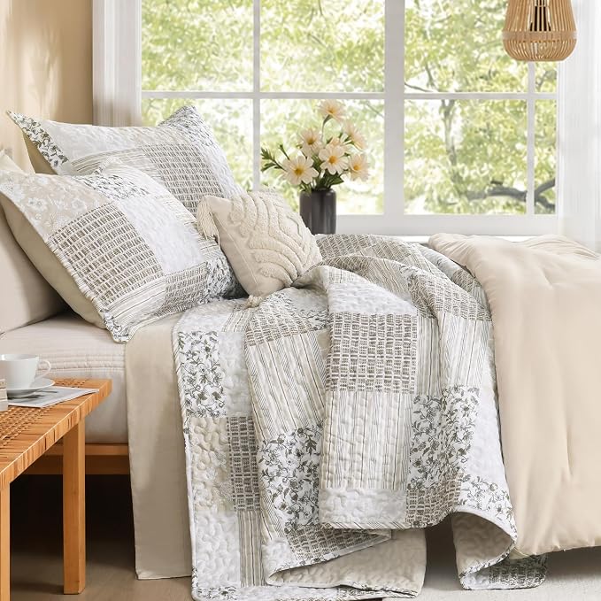 Litanika Floral Beige Quilt Queen - 3Pcs Botanical Birds Bedding Set | Patchwork Bedspread Summer Lightweight Soft Coverlet for All Seasons (96"x90")