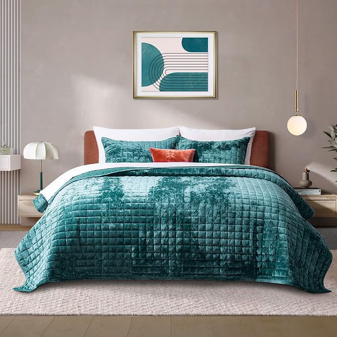 RECYCO Channel Box Stitch Velvet Quilt Set, King Size, Teal | Ultra Soft Lightweight Velvet Comforter, Luxury Oversized Bedspread Coverlet, Quilted Bedding Set for All Season with 2 Shams