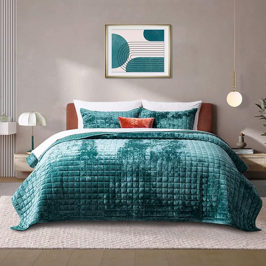 RECYCO Channel Box Stitch Velvet Quilt Set, King Size, Teal | Ultra Soft Lightweight Velvet Comforter, Luxury Oversized Bedspread Coverlet, Quilted Bedding Set for All Season with 2 Shams